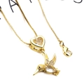 Gold hummingbird necklace with heart gemstone and cubic zirconia butterfly accents - Heart Clasp Hummingbird Necklace Set (Style 6)