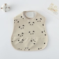 Waterproof baby feeding bib with panda print and leak-proof pocket in beige color - Pu Bib (double-layered Pocket) - All-over Panda Print / One Size