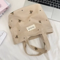 Borsa tote in velluto a coste beige con motivi a orsetto e etichetta in tessuto - Cachi