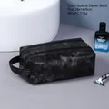 Wasserdichte Kulturtasche aus schwarzem PU-Leder mit Griff und Doppel-Reißverschluss - Schwarz Doppelter Reißverschluss