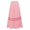 Detailed view of red striped maxi skirt hem with intricate floral embroidery and patterns - One Size / Red and White Striped Vacation Maxi Skirt