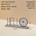 Black iron HELLO letter desk clock with round wood grain dial on a solid wooden base - Black Hello