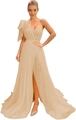 Elegant champagne one-shoulder tulle evening gown with boned bodice and high side slit - Champagne