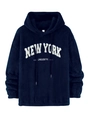 Detailed macro view of plush navy blue hoodie fabric with white towel embroidery - S / Navy Blue