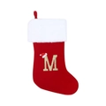 Red Christmas stocking featuring golden letter M and white plush trim for holiday gift decor - Letter M