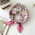 Floral cotton linen scarf with pink geometric pattern and colorful flower prints - 55cm / Flower Geometric Frame Pink