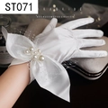 White satin bridal glove with delicate mesh bow and pearl accents on wrist - White Satin Mesh Bowknot Pearl (ST071)
