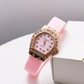 Luxury rose gold tonneau quartz watch with pink silicone strap and crystal bezel - Pink