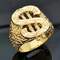 18k vergoldeter Hip-Hop-Herrenring mit markantem Dollar-Symbol und strukturierter Ringschiene - US 9 / Gold