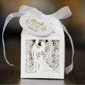 White laser-cut wedding candy box with groom and bride silhouette and silk ribbon - White