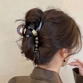 Pince à cheveux ronde en acrylique foncé avec lettre vue de dos sur modèle - Style décor métal carré foncé