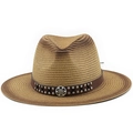 Klassischer Fedora Strohhut mit braunem Farbverlauf und Nietband aus Leder - M (56-58cm) / Khaki Kaffee (JX-S05)