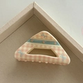 Detailed view of triangular acrylic hair claw with pink gingham and floral bow pattern - 2# Pink White Gingham Triangle Clip