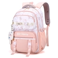 Pink and white student backpack with cute cartoon rabbit print and cat plush pendant - With Charm / Pink