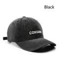Retro black washed denim baseball cap featuring white CONQUER 3D letter embroidery - Black
