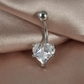 14G stainless steel belly button ring featuring a heart-shaped clear cubic zirconia stone - 1.6X10x5MM / Steel