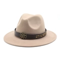 Beige wide brim felt jazz hat with brown leather band and antique metal flower studs - Light Purple Grey