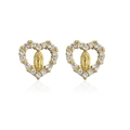 Gold heart earrings with Virgin Mary carving and micro-set cubic zirconia on white background - Gold with Clear Zirconia