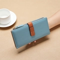 Blue long leather wallet for women with brown strap and pebble texture finish - Blue