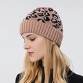 Women's leopard print knitted ponytail hat in khaki with thick warm ribbed texture - Pink
