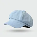 Classic light blue denim cotton octagonal newsboy hat with a vintage 8-panel design - One Size / Washed Denim Octagonal Hat-Blue White