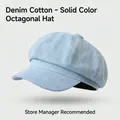 Classic light blue denim cotton octagonal newsboy hat with a vintage 8-panel design - One Size / Washed Denim Octagonal Hat-Blue White