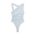 Detail of light blue asymmetric neck bodysuit featuring elegant waist ruching and knit texture - S / Light Blue