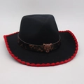 Ethnic western felt cowboy hat in black with red stitching and bronze leopard buckle - One Size / Black Red Trim (Leopard Buckle)