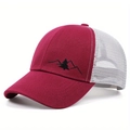 Detail of mountain embroidery on a mesh trucker hat with breathable red cotton visor - Adjustable / Red