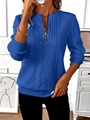 Detail of royal blue cable knit texture and silver zipper on women's pullover hoodie - Blue