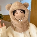 Bruine teddy fleece berenmuts met geïntegreerd masker en sjaal voor winterse warmte - Eén maat / Donkerkhaki