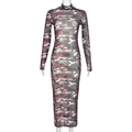 Sexy camouflage mesh mini dress with long sleeves and hollow-out sheer design - S / Camouflage