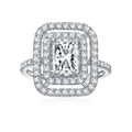 2 Karat Moissanit Ring mit Radiant-Schliff, doppeltem Halo und 925 Silber auf weißem Grund - US 7 / Rechteckiger Doppel-Halo-Stil (R14088)