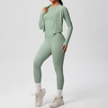 Three-piece yoga set featuring a zip-up jacket and high-waisted leggings in mint green - S / Basil Green