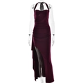 Elegant burgundy halter neck maxi dress with side slit and ruched detailing for women - S / Burgundy