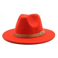 Vibrant red wool fedora hat with wide brim and brown braided band in a classic style - M (56-58cm) / Orange Red