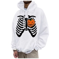 White pullover hoodie with Halloween pumpkin and skeleton rib print for men and women - S / Tops / White