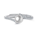 Silver cross band ring featuring a central pearl and sparkling accents on white background - Cross Pearl / Platinum Color-J196