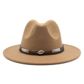Classic camel wool fedora hat with a leather band, braided cord and shell accent - Khaki