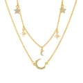 Golden double layer necklace with rhinestone star and moon pendants in minimalist style - Gold Double Layer Rhinestone Star Moon Pendant Style (01KC金G025)