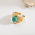 Vintage 18K gold plated stainless steel open ring featuring a large oval turquoise stone - R01037-Gold Large Turquoise Vintage