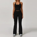 Two-piece black yoga set with halter neck crop top and high-waisted flared leggings - S / Premium Black (Top+Flared Pants)