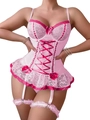 Body de encaje rosa con paneles de satén, detalle de lazo y ligueros ajustables - S / Rosa Rojo