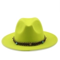 Neon green wide brim wool fedora hat with bohemian braided band and turquoise stone studs - M (56-58cm) / Neon Yellow