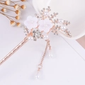 Elegant rose gold flower hair pin with white resin petals and hanging pearl tassels - Rose Gold White Resin Flower Pearl Tassel (FZ006)