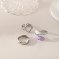 Three-piece silver titanium steel ring set with hollow heart and enamel details - J635-Heart Wrap Silver 3-Piece Set