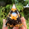 Handmade crystal pyramid with lotus ball and black gravel stones in resin finish - Style 11