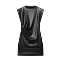 Ärmelloses schwarzes Kunstlederkleid mit eleganter Seitendrapierung und Schulterpolstern - XS / Schwarz
