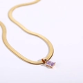 Macro shot of gold herringbone chain with a square purple zircon pendant in 18K gold plating - 40+5cm / Clear Purple