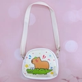Detail of white semi-round crossbody bag with cute capybara and crocodile print - Style B (White Capybara Riding Crocodile)